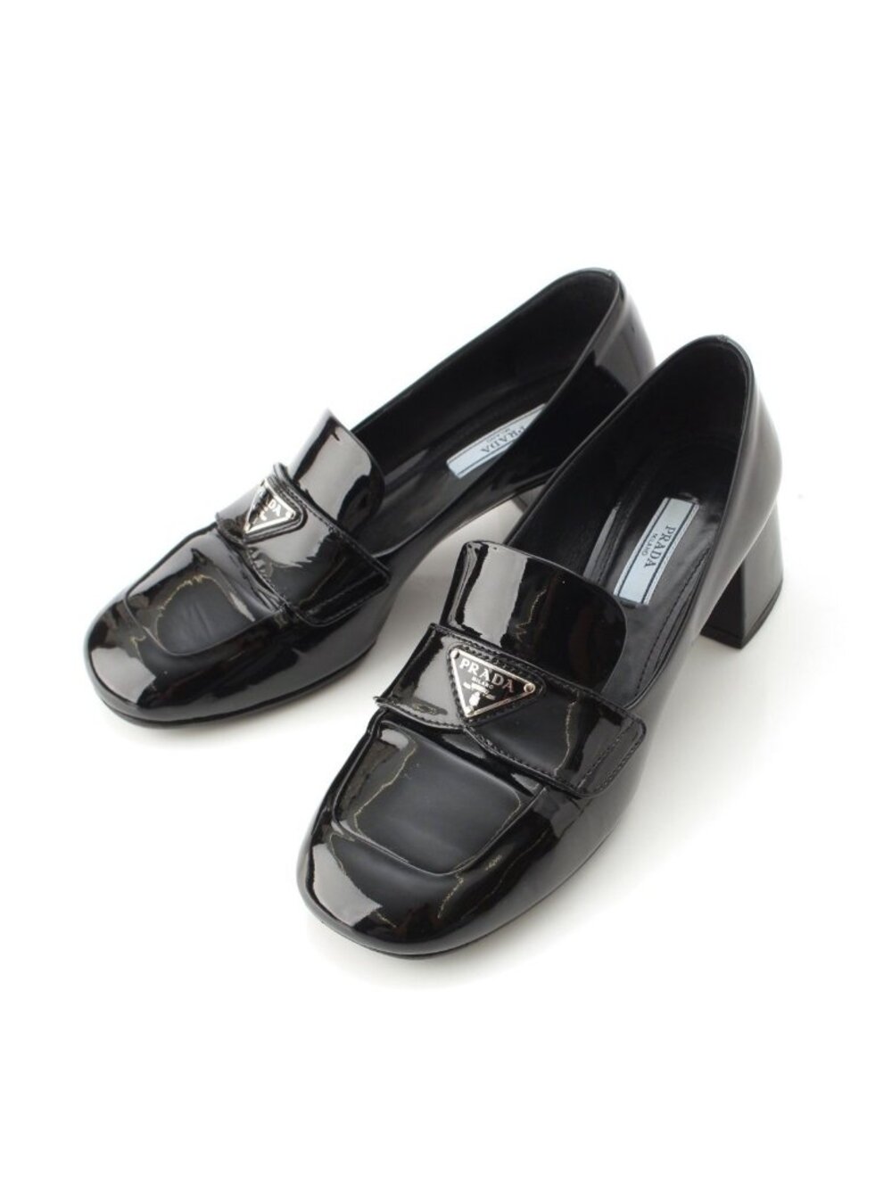 Prada Patent Logo Triangle Chunky Heel Loafers Shoes Black